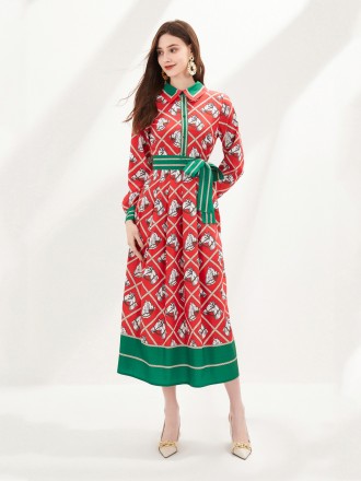 Dress Wholesale Women's big -name red plaid animal printed line with bow long skirt spring season fake skirt