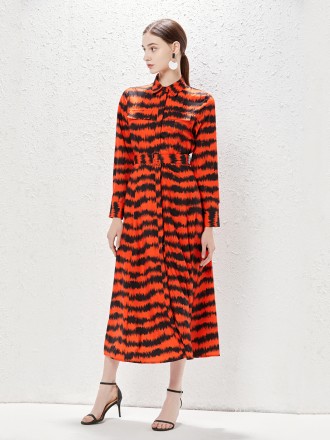 Dress Wholesale Spring and summer new lapel long -sleeved pocket dress female zebra pattern big name temperament long sk