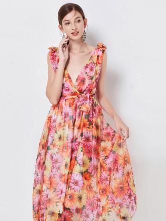 Dress Wholesale Women's daisy Daisy Sunflower Varlite Dress Waist Tie Tiezi Skin Skirt Holiday Skirt