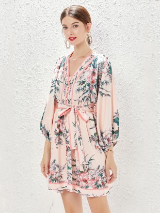 Dress Wholesale Spring and summer new lantern sleeve single -breasted V -neck dress Positioning printed travel short ski