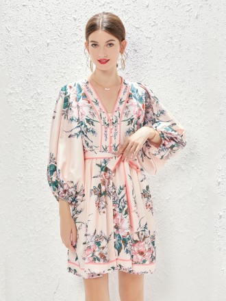 Dress Wholesale Spring and summer new lantern sleeve single -breasted V -neck dress Positioning printed travel short ski
