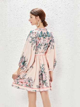 Dress Wholesale Spring and summer new lantern sleeve single -breasted V -neck dress Positioning printed travel short ski