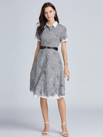 Dress Wholesale Women's lapel a single -breasted Thousands of Bird Grid A -line dress Short -sleeved temperament OL mid 