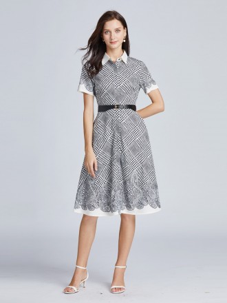 Dress Wholesale Women's lapel a single -breasted Thousands of Bird Grid A -line dress Short -sleeved temperament OL mid 