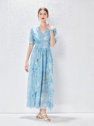 Dress Wholesale Spring and summer money V -neck dresses long skirt long skirt split and loose waist starry skirt