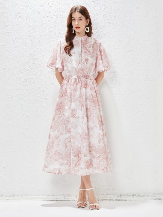 Dress Wholesale Spring/Summer New Single breasted Ruffle Leaf Sleeves, Plant Print, Drawstring Dress with Waist Wrap