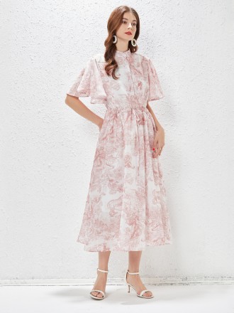 Dress Wholesale Spring/Summer New Single breasted Ruffle Leaf Sleeves, Plant Print, Drawstring Dress with Waist Wrap