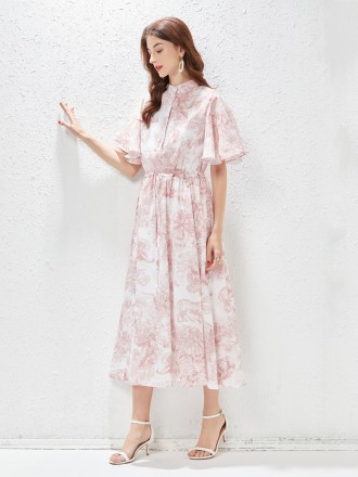 Dress Wholesale Spring/Summer New Single breasted Ruffle Leaf Sleeves, Plant Print, Drawstring Dress with Waist Wrap