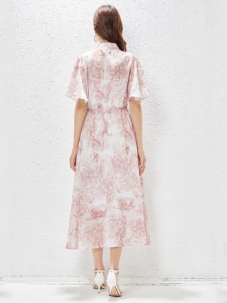 Dress Wholesale Spring/Summer New Single breasted Ruffle Leaf Sleeves, Plant Print, Drawstring Dress with Waist Wrap