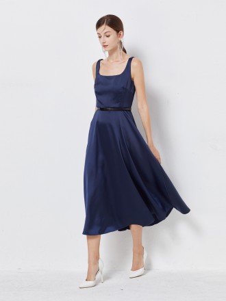 Dress Wholesale Star brand matching satin U-neck sleeveless elegant and elegant Hepburn style dress with belt