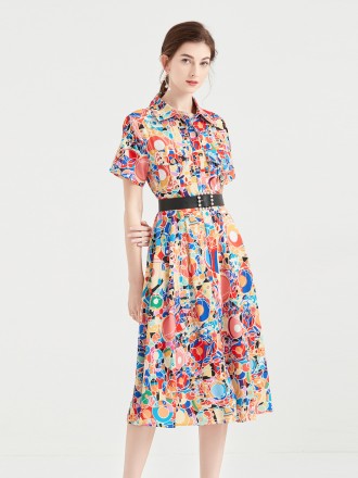 Dress Wholesale Women's lapel shirt dress women's singles buckle color letters print button mid -long skirt