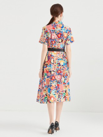 Dress Wholesale Women's lapel shirt dress women's singles buckle color letters print button mid -long skirt