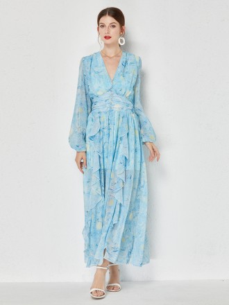 Dress Wholesale Temperament Van Gogh's Starry Sky Printing V -neck Drilling fork Drot Dress Dress