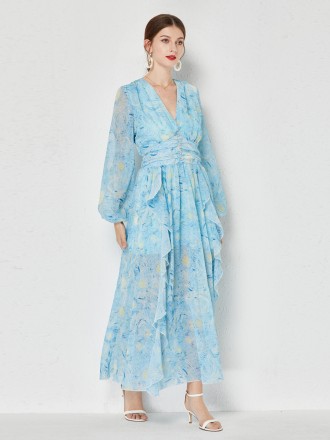 Dress Wholesale Temperament Van Gogh's Starry Sky Printing V -neck Drilling fork Drot Dress Dress