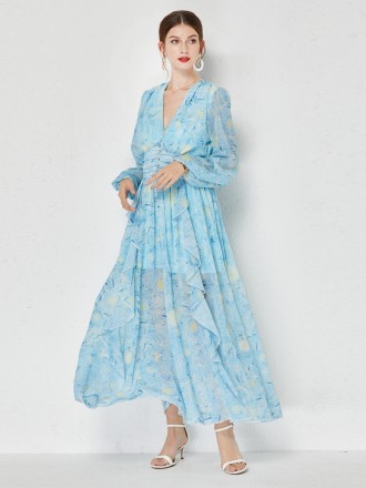 Dress Wholesale Temperament Van Gogh's Starry Sky Printing V -neck Drilling fork Drot Dress Dress