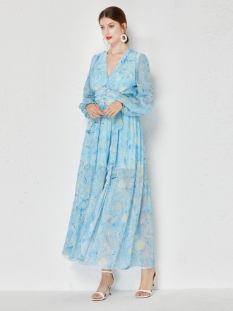 Dress Wholesale Temperament Van Gogh's Starry Sky Printing V -neck Drilling fork Drot Dress Dress