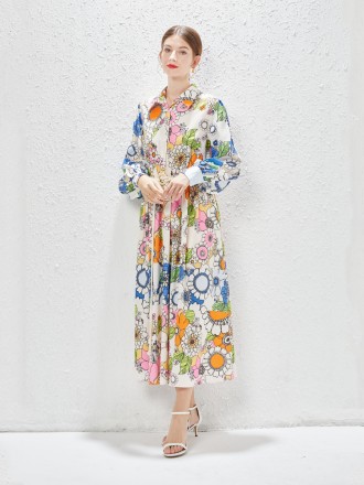 Dress Wholesale Spring and summer new single -breasted long -sleeved long -sleeved dress female printing fake wind style
