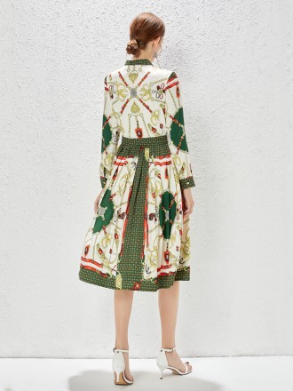 Dress Wholesale Spring and summer new lace -up collar long sleeve positioning printed dress retro temperament skirt