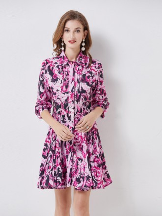 Dress Wholesale Big -printed stitching pleated single -breasted dress, female long -sleeved spring and summer new skirt