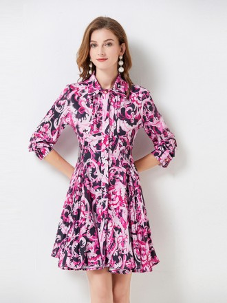 Dress Wholesale Big -printed stitching pleated single -breasted dress, female long -sleeved spring and summer new skirt
