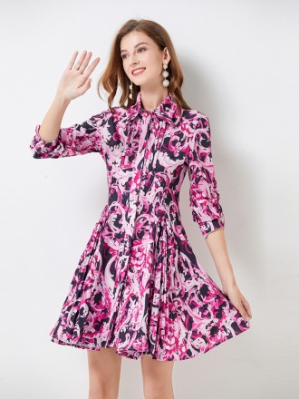 Dress Wholesale Big -printed stitching pleated single -breasted dress, female long -sleeved spring and summer new skirt