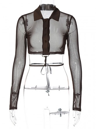 Shirt Wholesale Women's clothing spring new fashion net gauze solid cardigan button lap lapel navel long sleeve top whol