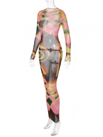 Dress Wholesale Women's summer new fashion printing round neck long -sleeved temperament long skirt