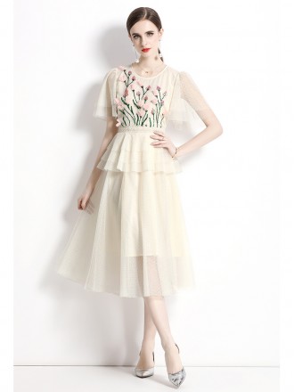 Dress Wholesale Summer new round neck lotus leaf short -sleeved embroidery sequins stereo flower net gauze elegant princ