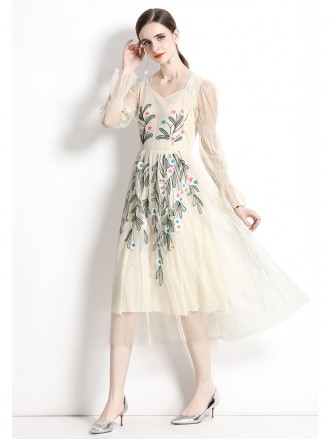 Dress Wholesale The new perspective mesh horn sleeve cubic collar collects the waist and the waist is elegant and the la