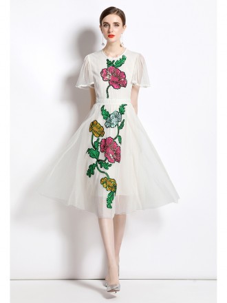 Dress Wholesale Summer new round neck lotus leaf edge short -sleeved heavy workers sequin mesh positioning flower embroi