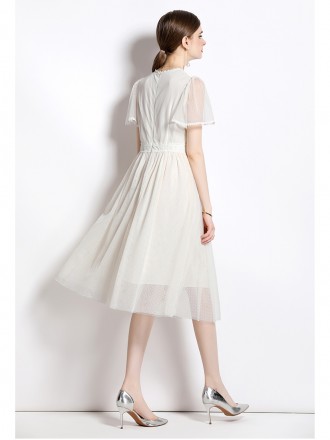 Dress Wholesale Summer new round neck lotus leaf edge short -sleeved heavy workers sequin mesh positioning flower embroi