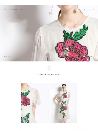 Dress Wholesale Summer new round neck lotus leaf edge short -sleeved heavy workers sequin mesh positioning flower embroi