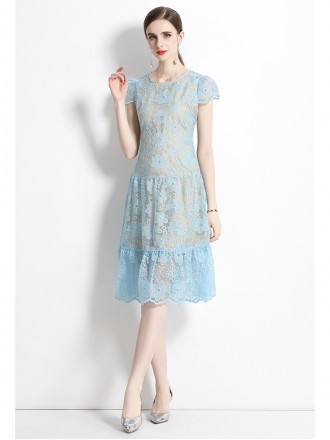 Dress Wholesale Round -neck cuff Water -soluble three -dimensional lace, ruffled waist, waist, thin princess wind fluffy