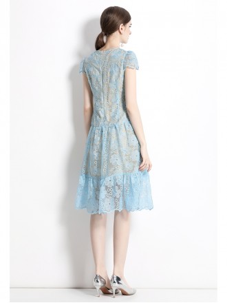 Dress Wholesale Round -neck cuff Water -soluble three -dimensional lace, ruffled waist, waist, thin princess wind fluffy