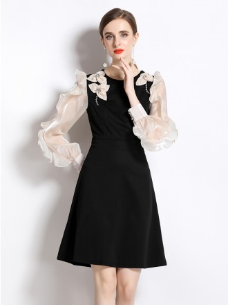 Dress Wholesale Spring and autumn women's new round neck gentle and sweet foreign style design feels repairing lotus lea