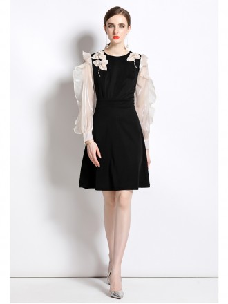 Dress Wholesale Spring and autumn women's new round neck gentle and sweet foreign style design feels repairing lotus lea