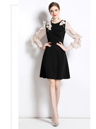Dress Wholesale Spring and autumn women's new round neck gentle and sweet foreign style design feels repairing lotus lea
