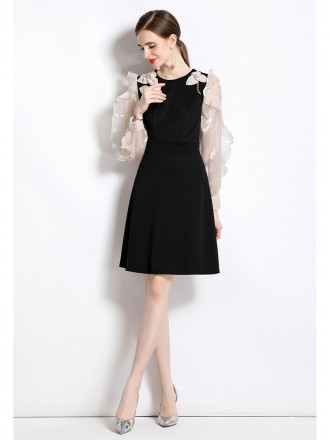 Dress Wholesale Spring and autumn women's new round neck gentle and sweet foreign style design feels repairing lotus lea