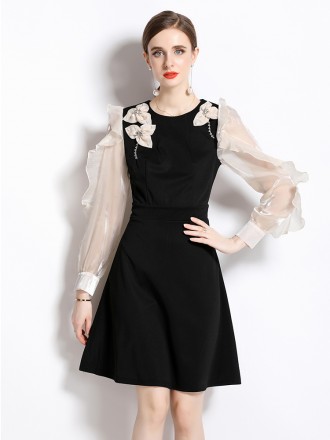 Dress Wholesale Spring and autumn women's new round neck gentle and sweet foreign style design feels repairing lotus lea