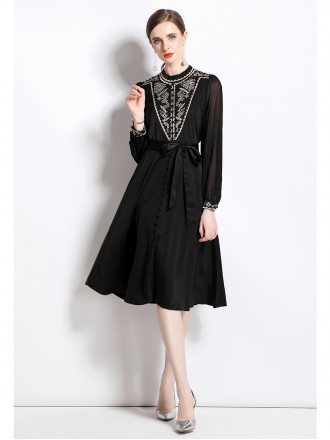 Dress Wholesale The new exquisite embroidery small stand -up collar sedimentation sleeve long skirt temperament waist is