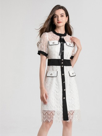 Dress Wholesale Summer new mesh hollow mid -long skirt temperament waist thin short sleeve small incense lace dress