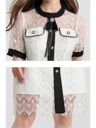 Dress Wholesale Summer new mesh hollow mid -long skirt temperament waist thin short sleeve small incense lace dress