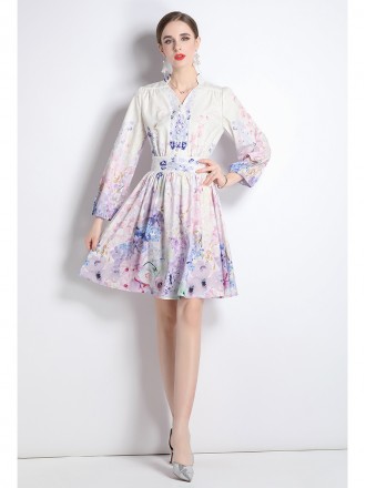Dress Wholesale Temperament V -neck retro long -sleeved dress in spring and autumn, French gentle wind, thin waist fairy