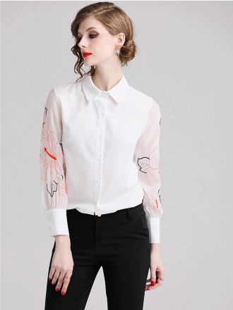 Shirt Wholesale New Polo Collar Embroidered Shirt Spring and Autumn Fashion Women's Clothing Fashionable Lantern Sleeves
