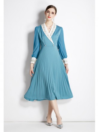 Dress Wholesale The new long -sleeved embroidered dress woman is thin and slim -fitted V -neck suit collar pleated A -li