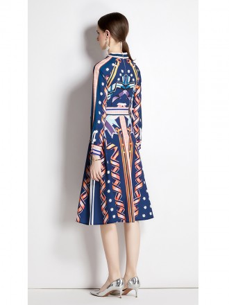 Dress Wholesale High end personalized and fashionable printed standing neck dress with waistband and waist stitching, lo