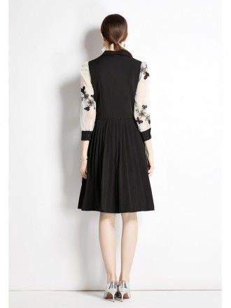 Dress Wholesale Black suit collar dress for women's spring new fashion embroidery mesh hollowed out sleeves pleated skir