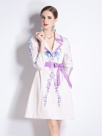 Fashion printed suit collar jacket female spring and autumn temperament waist thinly buckle medium long trench coat new 