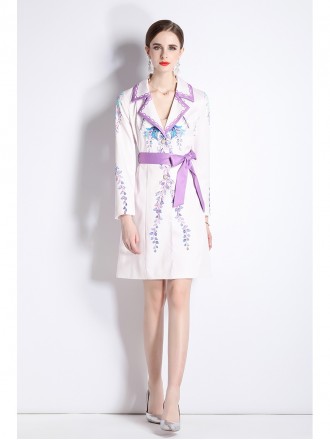 Fashion printed suit collar jacket female spring and autumn temperament waist thinly buckle medium long trench coat new 