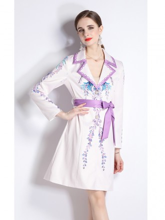 Fashion printed suit collar jacket female spring and autumn temperament waist thinly buckle medium long trench coat new 